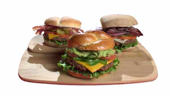 3 Rutter's burgers on a cutting board