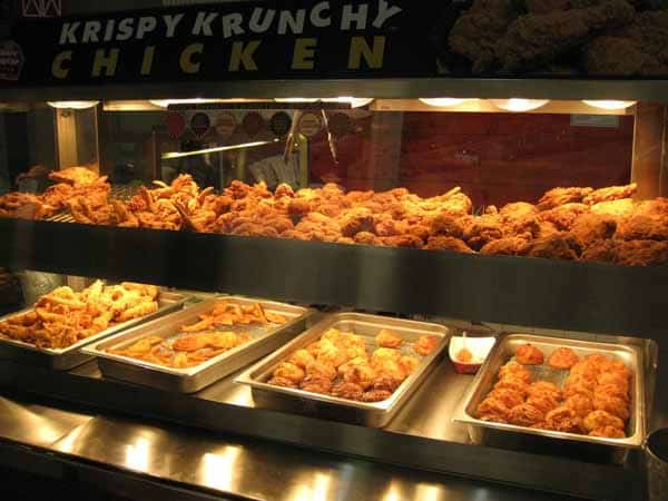 Fried chicken display at Krispy Krunchy Chicken