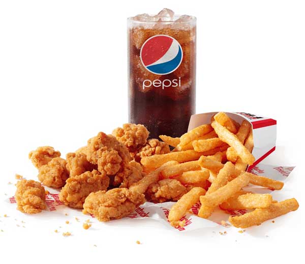 KFC Popcorn chicken meal with fries and a pepsi drink